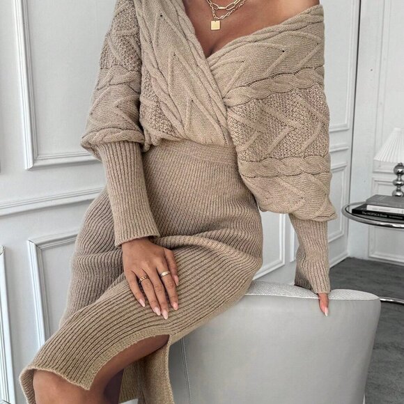 Khaki Elegant Women's Batwing Sleeve Sweater Dress - Picture 3 of 6